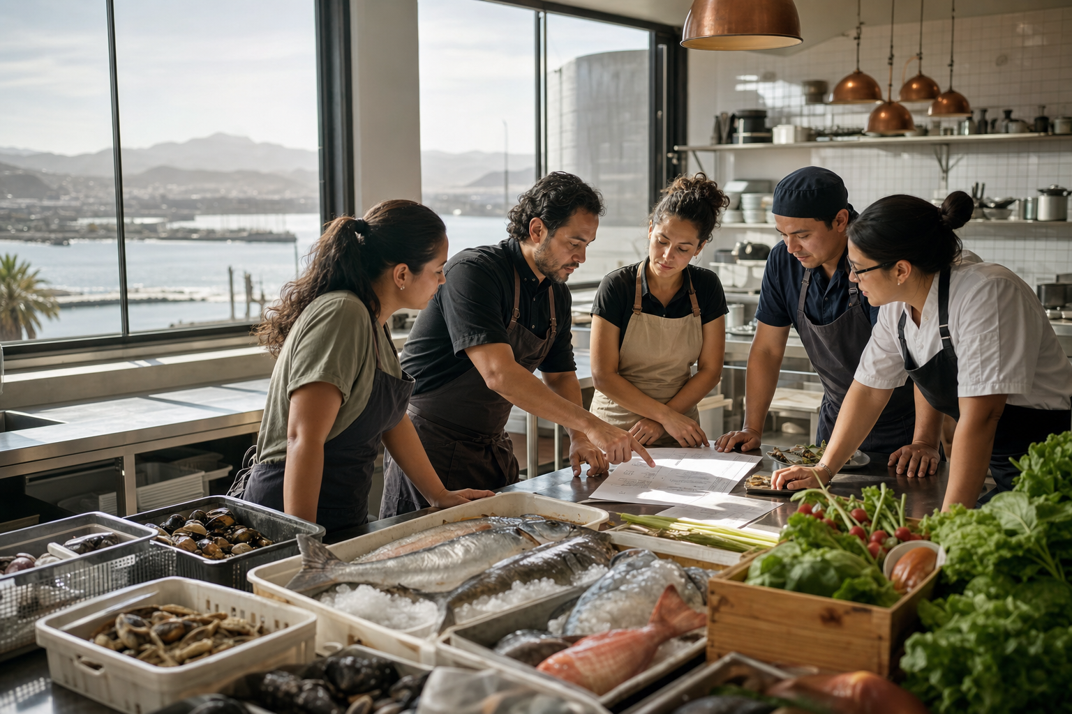 Equipo gastronómico de Ensenada revisa un plan de operación junto a pescados, mariscos y vegetales locales en una cocina profesional con vista a la bahía.