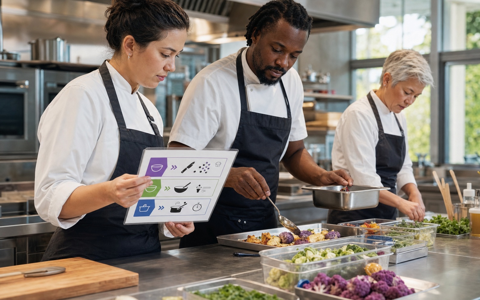 Equipo de cocina utilizando una guía visual durante la preparación